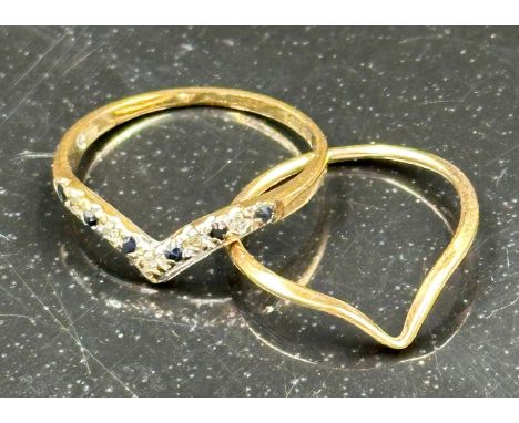 Wishbone engagement and wedding ring on 9ct gold. The engagement ring is set with small sapphires and diamonds.