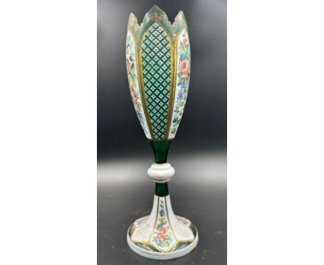 An 19th Century Bohemian glass Epergne vase, green glass and with a floral three skin overlay (H31cm)