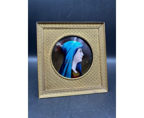 D'Apres Emile Albert De Mandre (French 1869 -) Continental gilt metal framed miniature portrait of blue Madonna, enamel on co