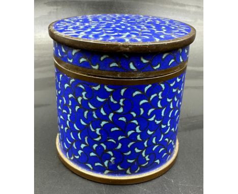 A cloisonne blue and enamel lidded pot with pale blue interior 