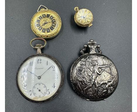Three costume pocket watches and a small glass ladies globe pocket watch 