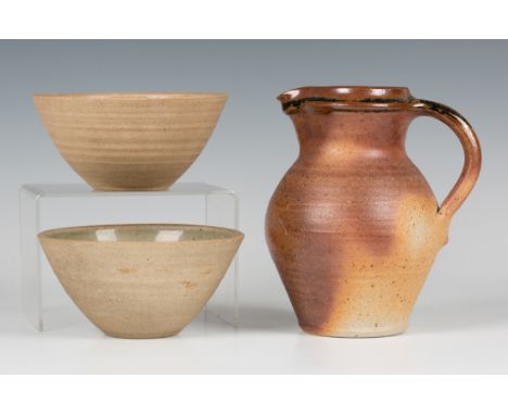 A John Leach Muchelney Pottery stoneware jug, impressed marks to base, height approx 17.5cm, together with two John Leach St.
