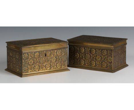 A pair of late Victorian Aesthetic period embossed brass boxes, possibly by Morris & Co, one fitted as a two compartment tea 