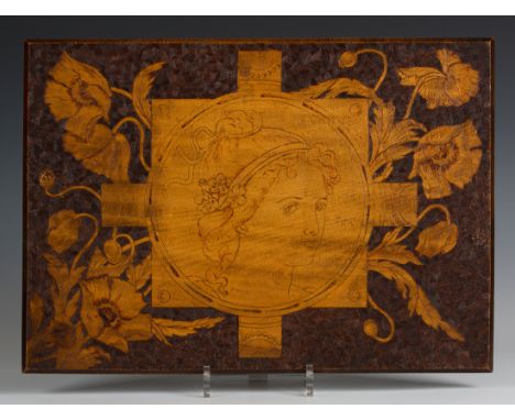 A pair of late Victorian Aesthetic period satin walnut pen and poker work rectangular panels, each decorated with a central p