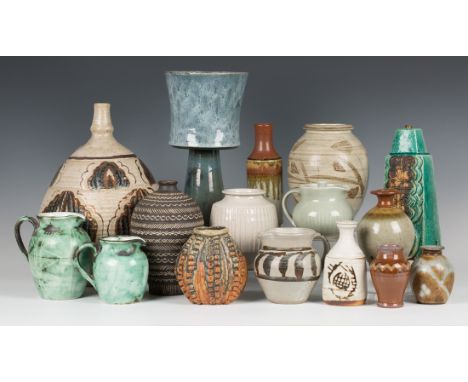 A collection of assorted studio pottery, including a Bernard Rooke stoneware vase, a Bernard Rooke table lamp base and a Call