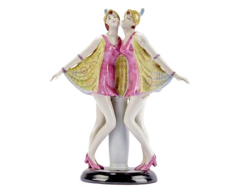 Dakon, Stephan "Turteltauben" / "Dolly Sisters" (Wien 1904-1997 ebd.) Entwurf um 1927/28 für Goldscheider, Wien. Auf rundem S