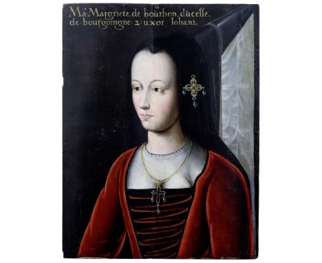Bildnis der Margarete von Österreich Deutscher Meister, E. 16. Jh. Bruststück in rotem Kleid und mit Spitzhut, oben benannt "