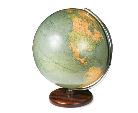 A Philips' 19in terrestrial globe, circa 1970, raised upon a chromed meridian and a stained wooden plinth base58cm high