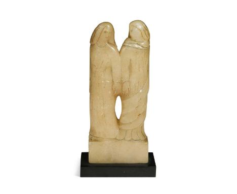 § Ursula Edgcumbe (1900-1985), Classical Figures,  an alabaster carved sculpture of two figures standing back-to-back with he