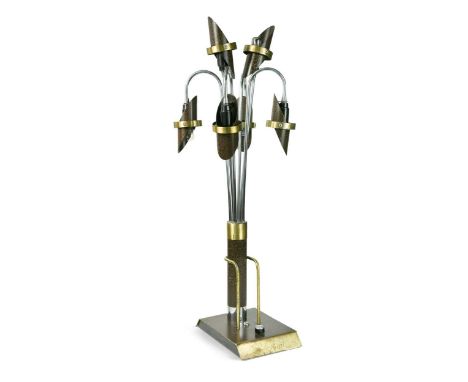 A mid-century American table lamp,  the patinated metal shades on chrome branches, selective dial switch to rectangular base 