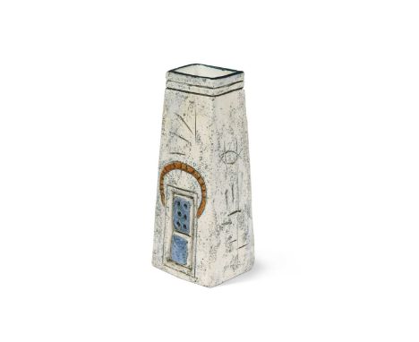 Simone Kilburn at Troika, a 'Coffin' vase, circa 1975, decorated with embossed and incised geometric motifs over a mottled gr