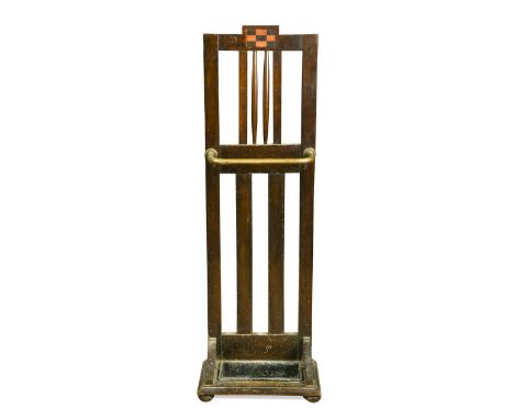 Attributed to E. A. Taylor, a Glasgow School oak stick stand, the stepped top with ebony and sycamore chequer inlay above a s