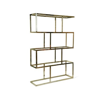 A set of chrome and glass shelves or room divider, the offset chromed box section frame with rectangular glass shelves179.5 x