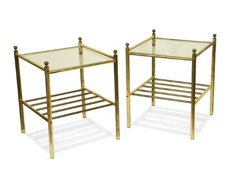 A pair of brass lamp tables, circa 1970s, each with square glass top above a barred undertier52 x 42 x 42cm