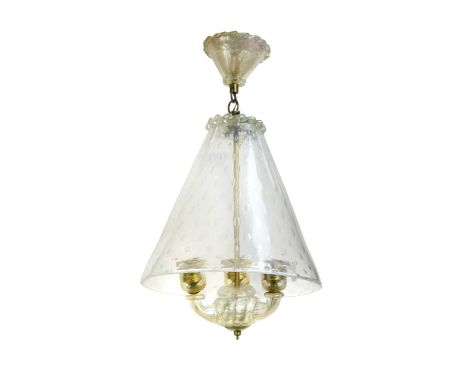 A Murano glass pendant ceiling light, the conical glass shade with bubble inclusions, the central brass rod with three glass 