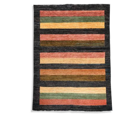 A contemporary 'Ziegler' geometric wool rug, with rectangular bars of warm tones on a soft black ground173 x 119cmSuper condi