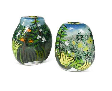 § Ada Loumani (1959-), a pair of blown and encased art glass vases, each of flattened oval form and internally painted with f