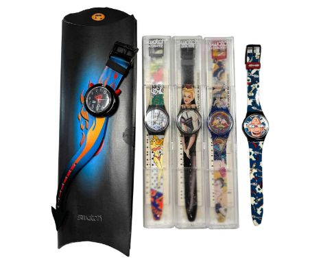 A group of five Swatch watches, to include: Lolita (GM128); Sex Tease (GN136); Lookah (GZ700); Big Enuff (GB151); and Hot Stu