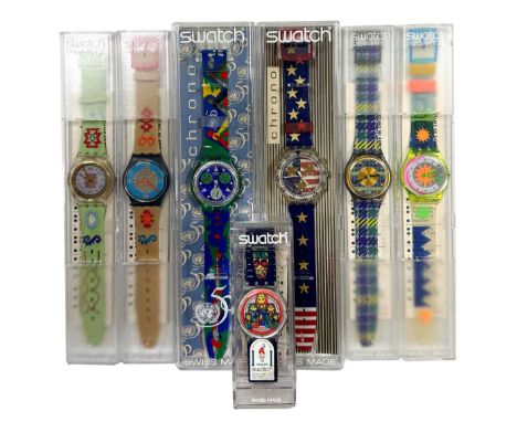 A group of seven Swatch watches, to include: American Dream (SEK103); Matrioska (GK204/5); Cuzco (GK154); Cancun (GN126); UN 