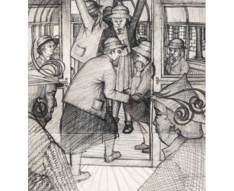 § Shirley Teed (1933-2018) School girls on a Melbourne tram, Australiacharcoal42 x 33.5cm;together with a similar studycharco