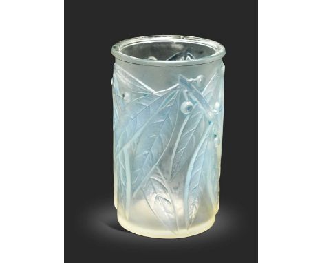 Laurier, an R. Lalique opalescent glass vase, pattern no.947, the cylindrical body moulded in relief with a design of bay lea