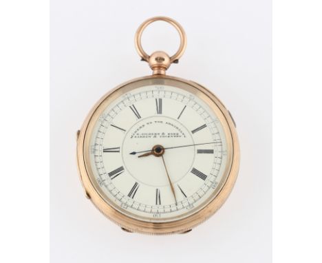 A 9ct yellow gold cased R. Gilbert & Sons key wind open face chronograph pocket watch, the cream tone dial having hourly Roma