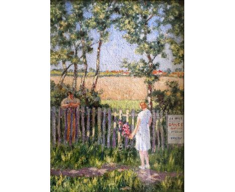 R. W. ELVIDGE. Framed, glazed oil on board, inscribed and titled verso ‘Invitation’, 18.5cm x 26.5cm.