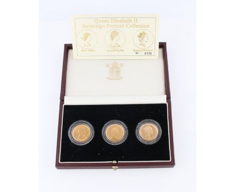 A Queen Elizabeth II sovereign portrait collection, comprising three sovereigns, dated 1967, 1980 and 1991, with certificate.