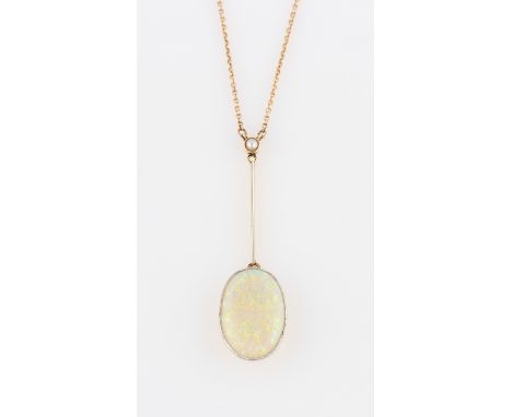 An opal and seed pearl pendant, set with an oval opal cabochon, suspended from a knife edge bar surmounted with a seed pearl,