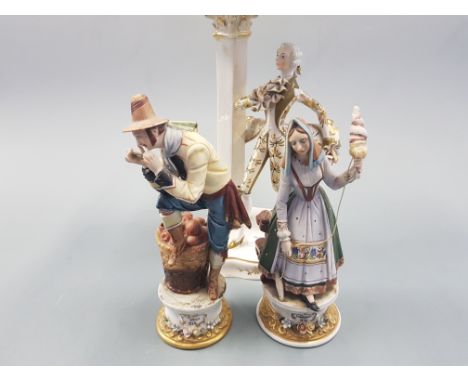 A pair of Capo Di Monte figures, and Italian ceramic table lamp.