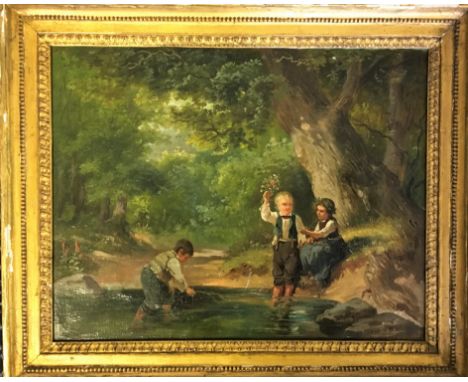 Framed, unglazed oil on canvas, children playing in a pond woodland area, 28.5cm x 37.5cm.