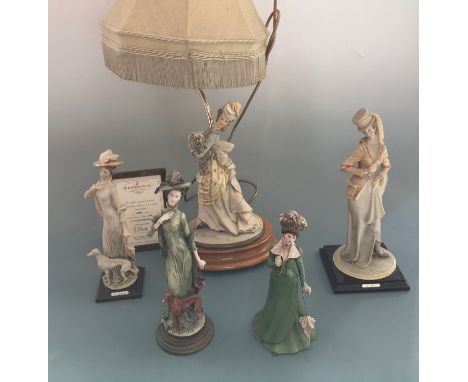 Five Capodimonte figurines, two by G. Armani, two by B. Merli, one by IPA, one forming a lamp base and two limited edition.