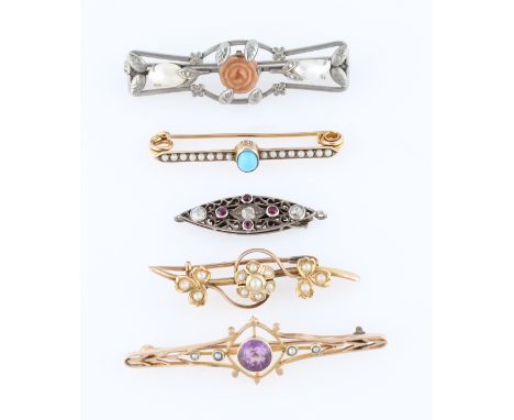 A collection of jewellery, to include a ruby and diamond set clasp, an amethyst and seed pearl brooch, a seed pearl flower de