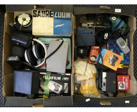Two boxes of various camera and electrical items