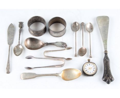 A collection of hallmarked silverware, to include a Georgian tea caddy spoon, a Georgian teaspoon, two napkin rings, three co