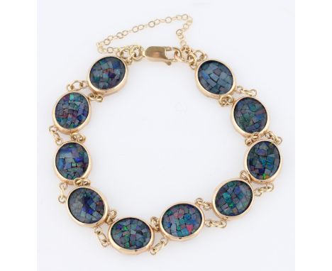 A 9ct yellow gold opal mosaic bracelet, hallmarked Sheffield, date letter indistinct.