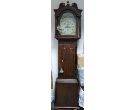 Mahogany Longcase clock with painted arch dial: Some minor chipping to Mahogany door of hood.  Two weights, pendulum, 2 pulle