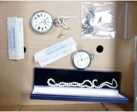A mixed collection of item to include: Silver Chain &amp; Brooch, Pearl set with 9ct Gold Clasp, pocket watches etc 
