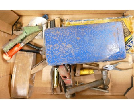 A mixed collection of hand tools to include: Socket sets, floor board cutter etc 