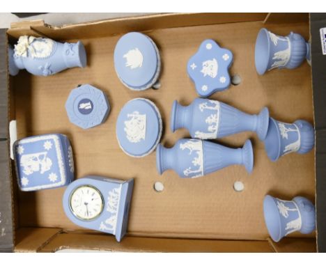 A collection of Wedgwood Jasperware to include: vases, lidded boxes, oval powder dishes, clock etc (11 items) 
