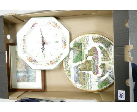 A mixed collection of items to include: Johnson Bros Wall Clock, Signed Print Local interest wall plates etc 