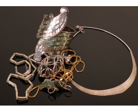 Group of sterling silver set jewellery: Includes large abalone set bangle, two necklaces, silver gilt chain and large silver 