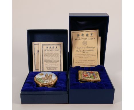 Two Halcyon days enamel boxes Westminster Abbey &amp; first Prince of Wales: Circular box limited edition 140/250, &amp; meas