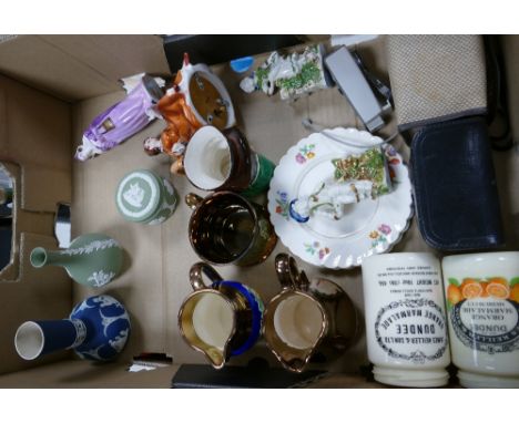 A mixed collection of items to include: Wedgwood Jasperware, Vintage Camera Equipment, Musical Figures, character jugs etc 