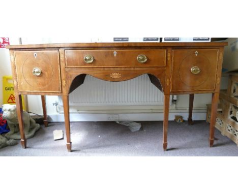 George III Sheraton style Mahogany bow fronted inlaid sideboard: Length 183cm, height 94cm &amp; depth 71cm. 