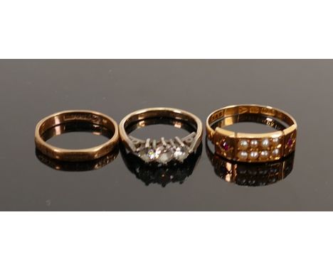 Three rings including 15ct gold hallmarked Victorian ruby &amp; pearl ring: 15 ct 1.8g, together with 9ct eternity ring (1.4g