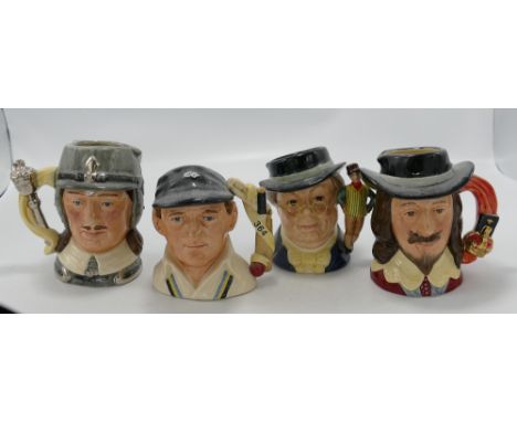 Royal Doulton Small Character Jug Oliver Cromwell :D6986, King Charles the First D6985 limited edition, Mr Pickwick D7025 and