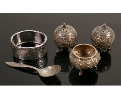 A collection of Silver items: including footed silver salt, bangle, pair footed embossed cruets (unmarked) etc (5) 