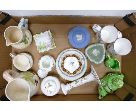 A mixed collection of items to include Wedgwood wild strawberry candle stick: jasper ware pin dishes,  Royal Albert greenwood