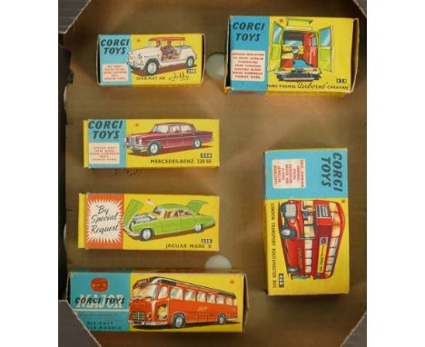 Six boxed Corgi vehicles: Ghia-Fiat 600 no. 240 near mint with box in similar condition, Mercedes 220 SE no. 230 in average c